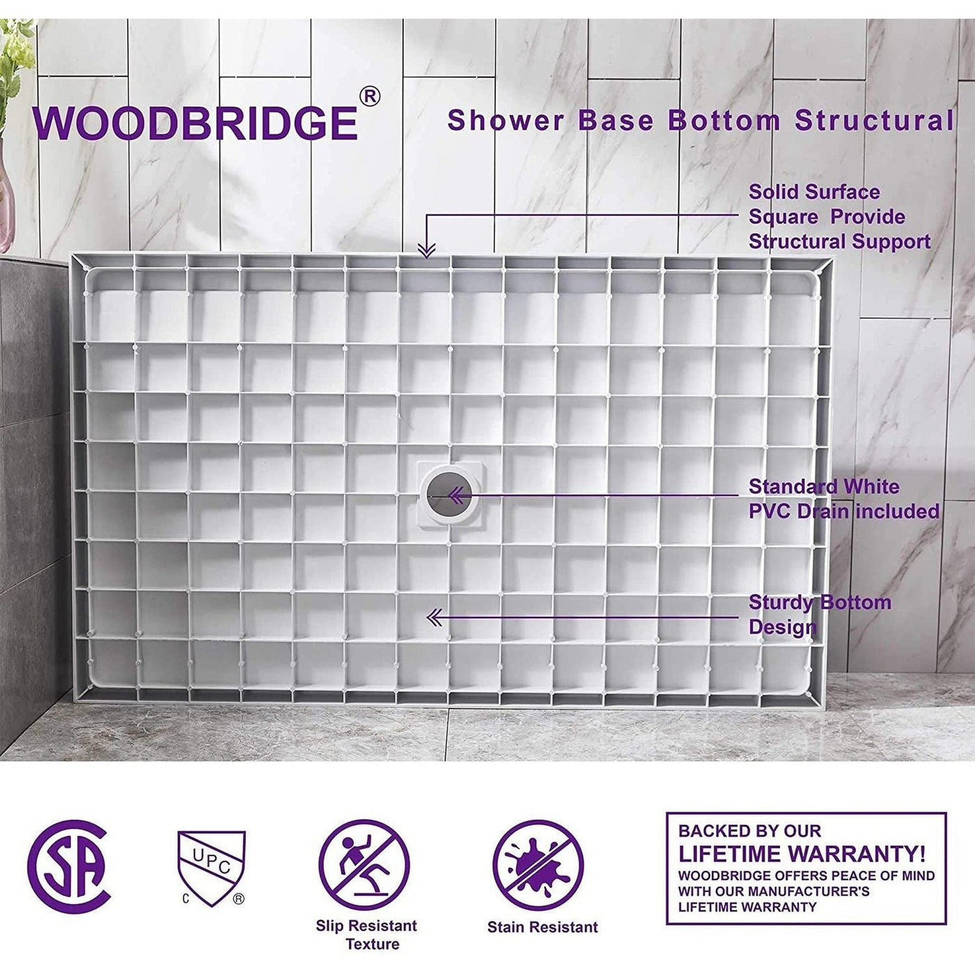 WoodBridge 60" x 36" White Solid Surface Shower Base Center Drain Location With Brushed Nickel Trench Drain Cover