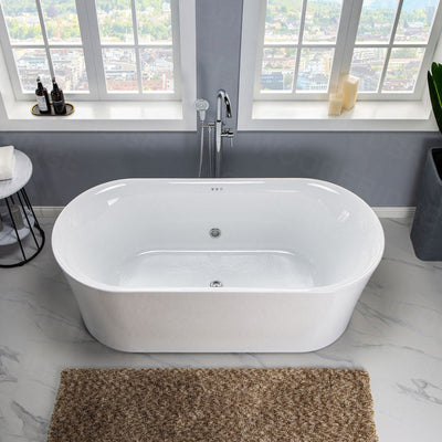 WoodBridge 67" White Acrylic Freestanding Air Bubble Soaking Bathtub With Chrome Overflow and Drain Finish