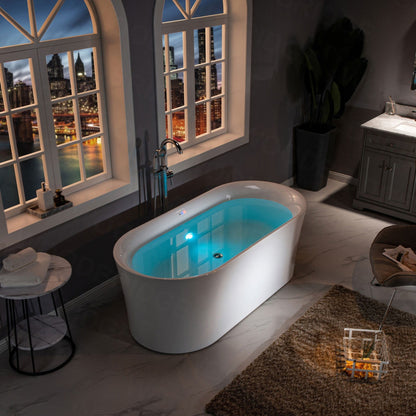 WoodBridge 67" White Acrylic Freestanding Air Bubble Soaking Bathtub With Chrome Overflow and Drain Finish