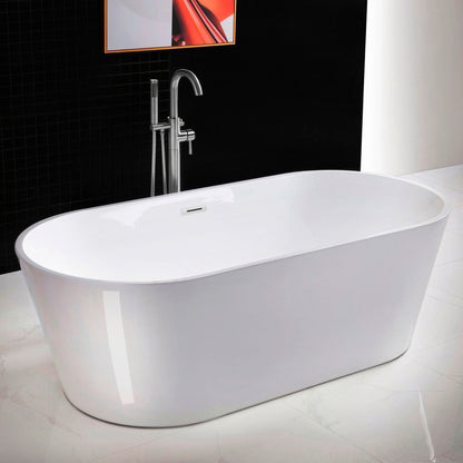 WoodBridge 71" White Acrylic Freestanding Contemporary Soaking Bathtub With Chrome Drain and Overflow