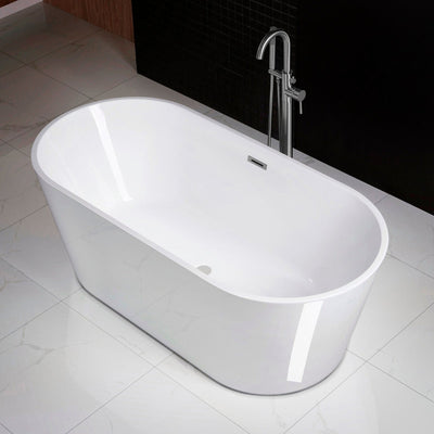 WoodBridge 71" White Acrylic Freestanding Contemporary Soaking Bathtub With Chrome Drain and Overflow