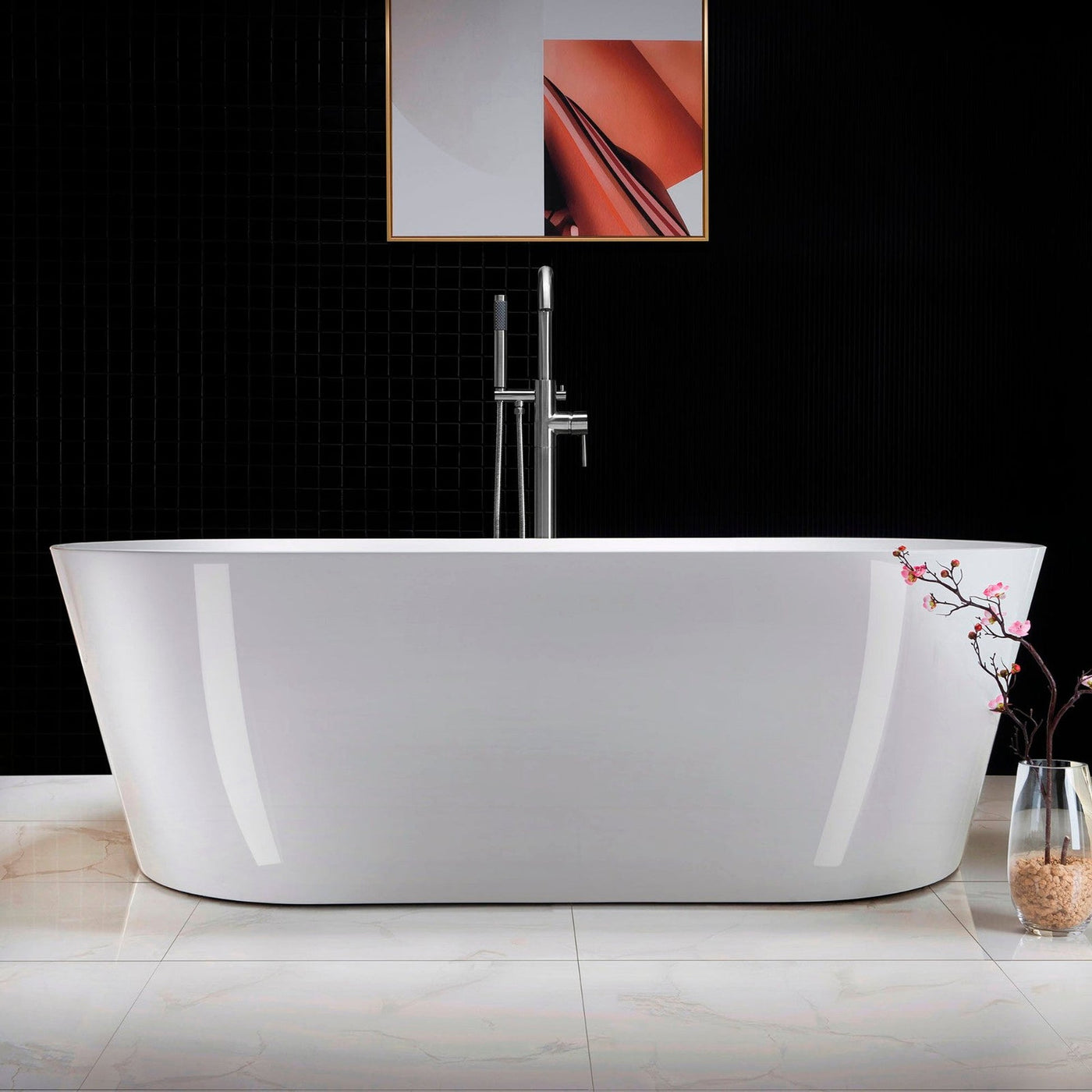 WoodBridge 71" White Acrylic Freestanding Contemporary Soaking Bathtub With Chrome Drain and Overflow