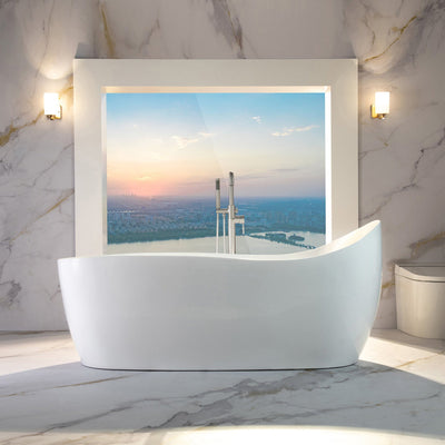 WoodBridge 71" White Freestanding Whirlpool Water Jetted and Air Bubble Heated Soaking Combination Bathtub With LED Control Panel