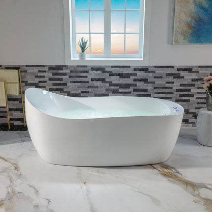 WoodBridge 71" White Freestanding Whirlpool Water Jetted and Air Bubble Heated Soaking Combination Bathtub With LED Control Panel