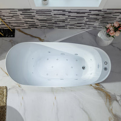 WoodBridge 71" White Freestanding Whirlpool Water Jetted and Air Bubble Heated Soaking Combination Bathtub With LED Control Panel