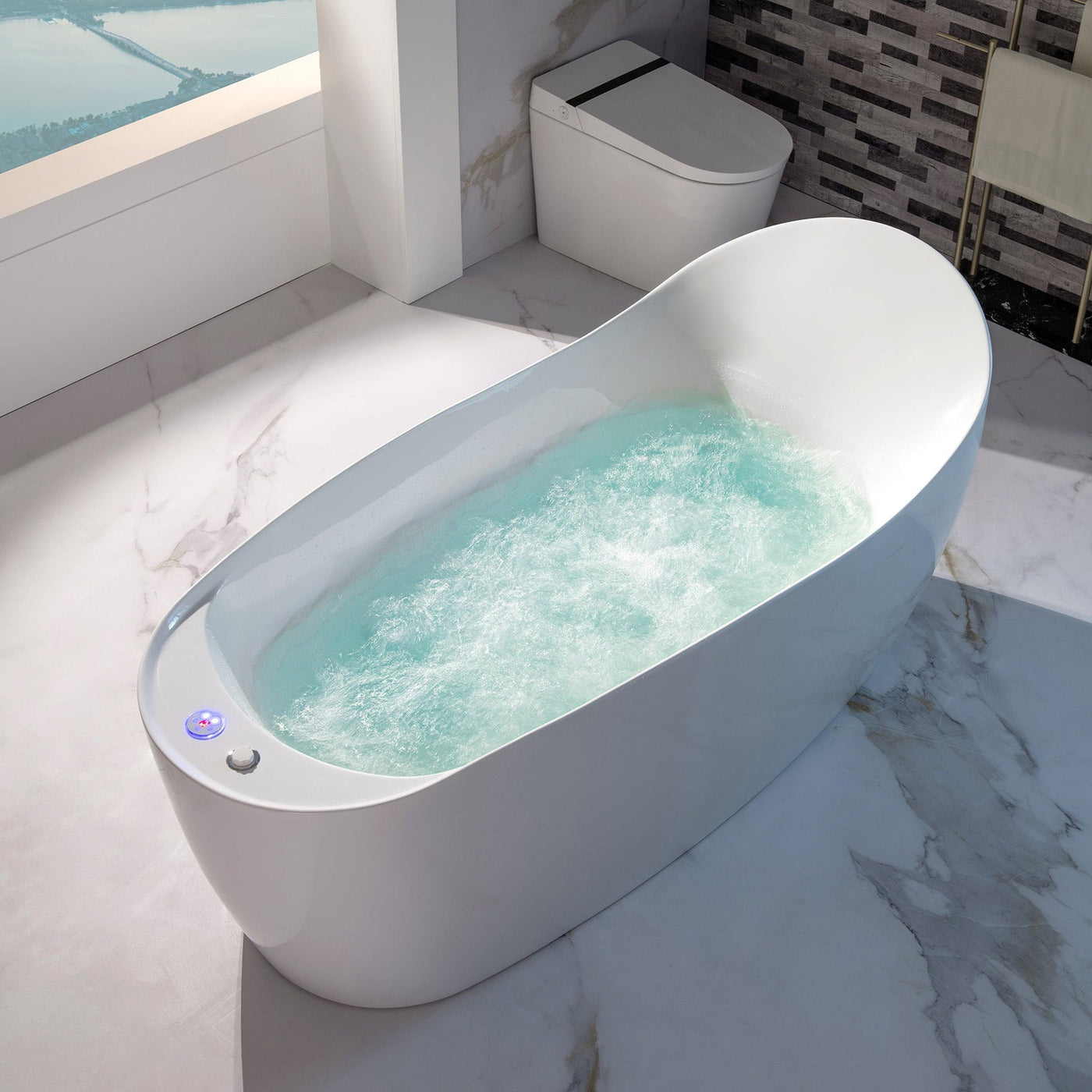 WoodBridge 71" White Freestanding Whirlpool Water Jetted and Air Bubble Heated Soaking Combination Bathtub With LED Control Panel