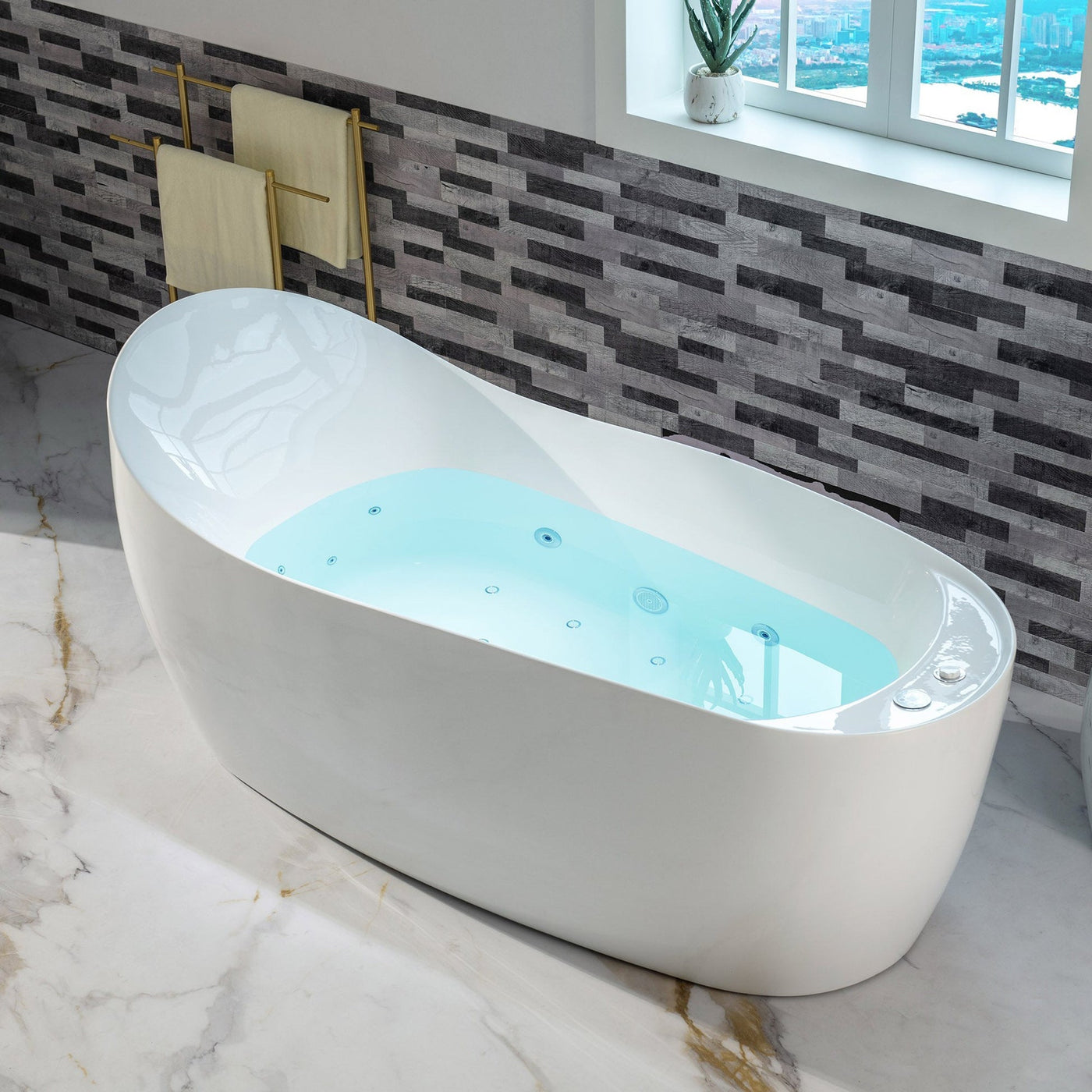 WoodBridge 71" White Freestanding Whirlpool Water Jetted and Air Bubble Heated Soaking Combination Bathtub With LED Control Panel