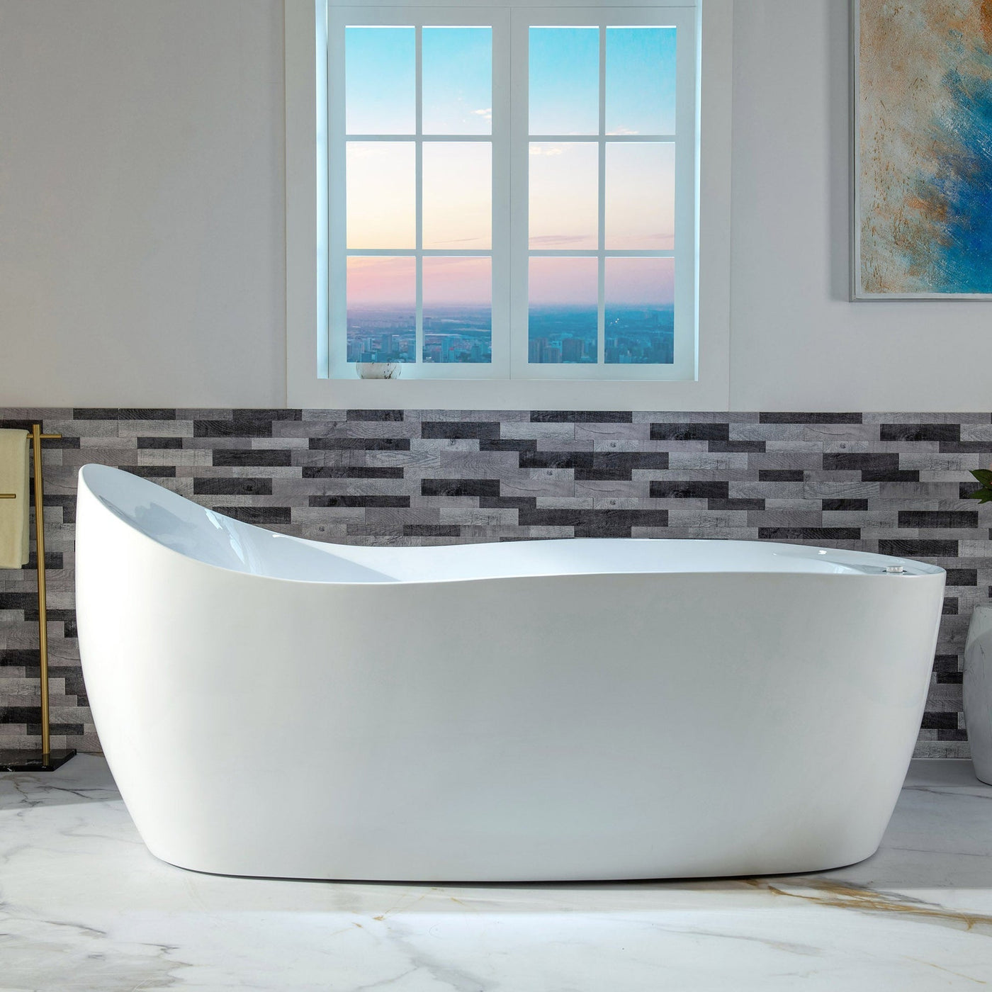 WoodBridge 71" White Freestanding Whirlpool Water Jetted and Air Bubble Heated Soaking Combination Bathtub With LED Control Panel