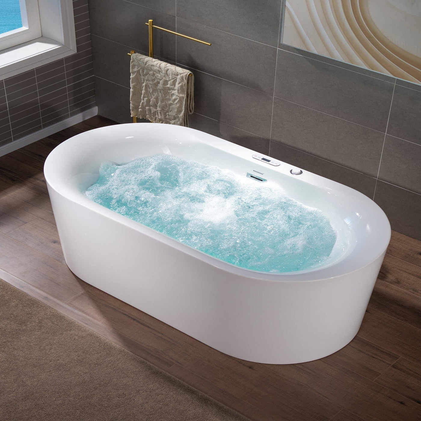 WoodBridge 72" White Whirlpool and Air Bath Heated Soaking Combination Tub With Adjustable Speed Air Blower and Display Control Panel