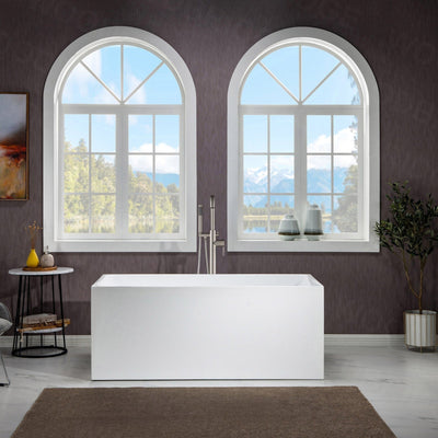 WoodBridge B-0085 59" White Acrylic Freestanding Soaking Bathtub With Chrome Drain and Overflow