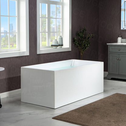 WoodBridge B-0085 59" White Acrylic Freestanding Soaking Bathtub With Chrome Drain and Overflow