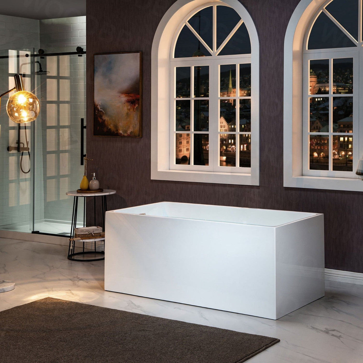 WoodBridge B-0085 59" White Acrylic Freestanding Soaking Bathtub With Chrome Drain and Overflow