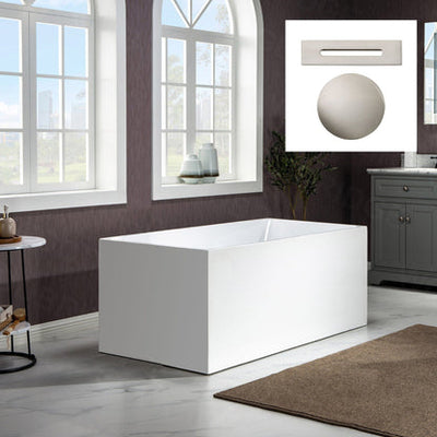 WoodBridge B-0085 59" White Acrylic Freestanding Soaking Bathtub With Chrome Drain and Overflow