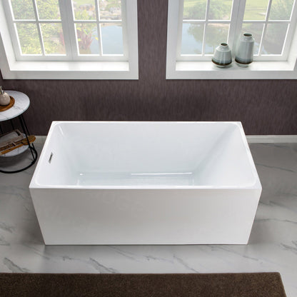 WoodBridge B-0086 67" White Acrylic Freestanding Soaking Bathtub With Chrome Drain and Overflow