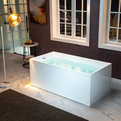 WoodBridge B-0086 67" White Acrylic Freestanding Soaking Bathtub With Chrome Drain and Overflow