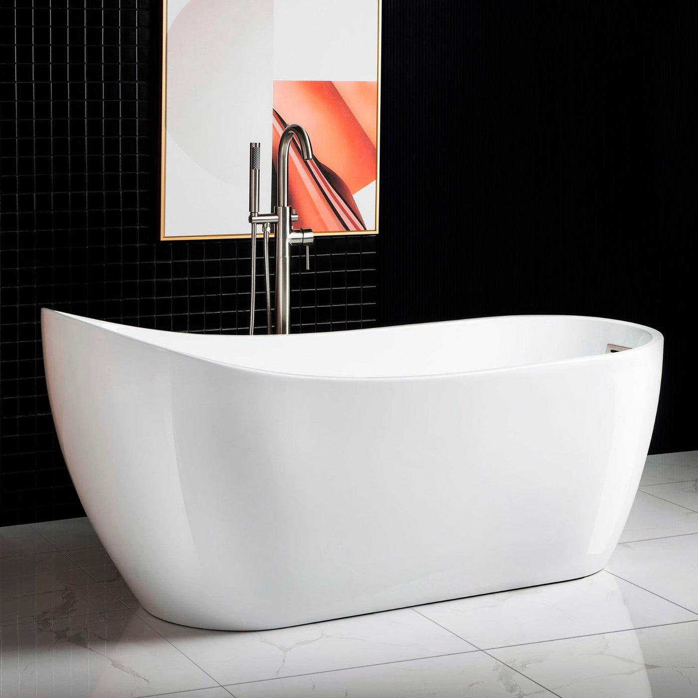 WoodBridge B0001 67" White Acrylic Freestanding Soaking Bathtub With Chrome Drain and Overflow