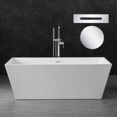 WoodBridge B0003 67" White Acrylic Freestanding Soaking Bathtub With Chrome Drain and Overflow