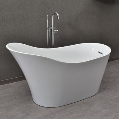 WoodBridge B0029 59" White Acrylic Freestanding Soaking Bathtub With Chrome Drain and Overflow