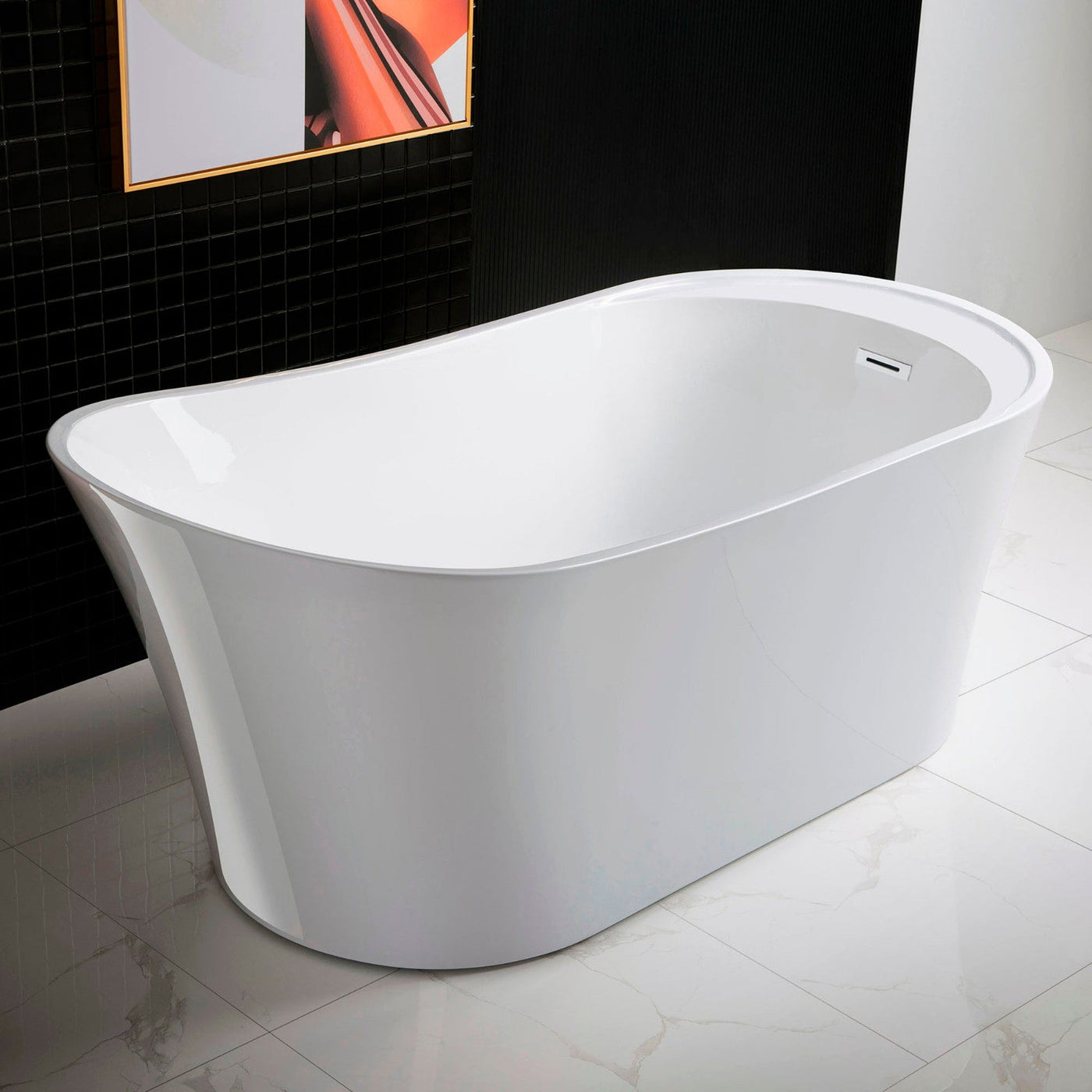 WoodBridge B0083 59" White Acrylic Freestanding Soaking Bathtub With Chrome Drain and Overflow