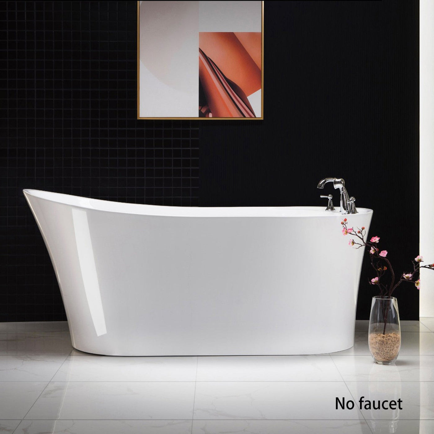 WoodBridge B0083 59" White Acrylic Freestanding Soaking Bathtub With Chrome Drain and Overflow