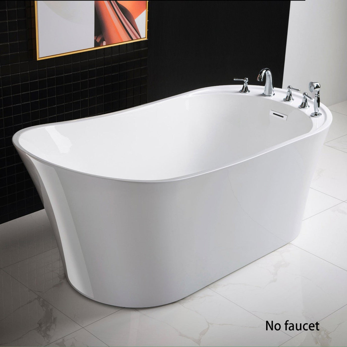 WoodBridge B0083 59" White Acrylic Freestanding Soaking Bathtub With Chrome Drain and Overflow