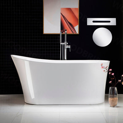 WoodBridge B0083 59" White Acrylic Freestanding Soaking Bathtub With Chrome Drain and Overflow