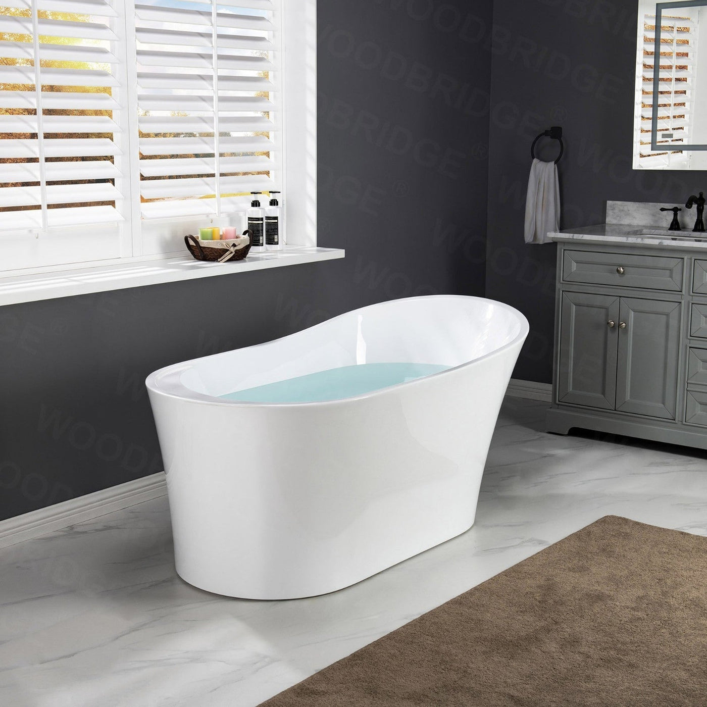 WoodBridge B0084 67" White Acrylic Freestanding Soaking Bathtub With Chrome Drain and Overflow