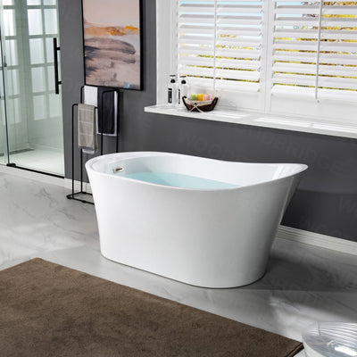 WoodBridge B0084 67" White Acrylic Freestanding Soaking Bathtub With Chrome Drain and Overflow