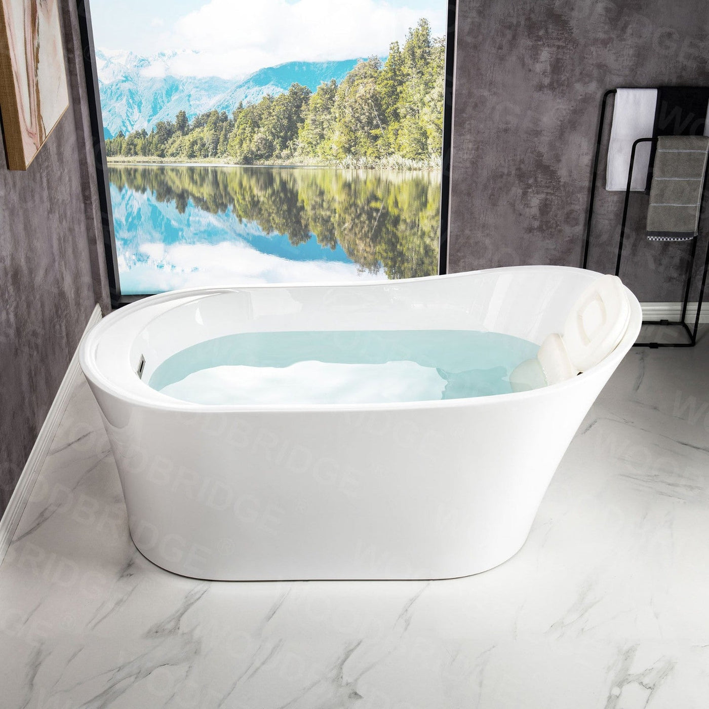 WoodBridge B0084 67" White Acrylic Freestanding Soaking Bathtub With Chrome Drain and Overflow