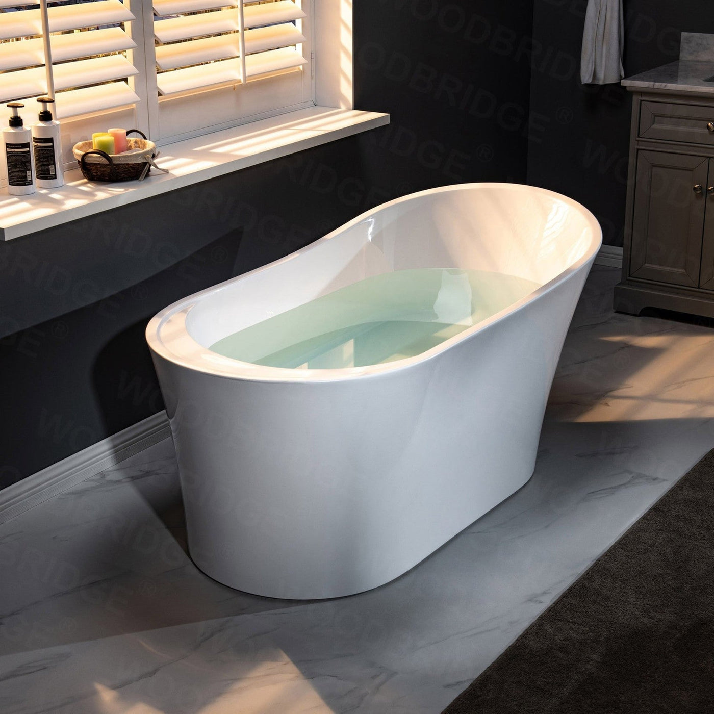 WoodBridge B0084 67" White Acrylic Freestanding Soaking Bathtub With Chrome Drain and Overflow