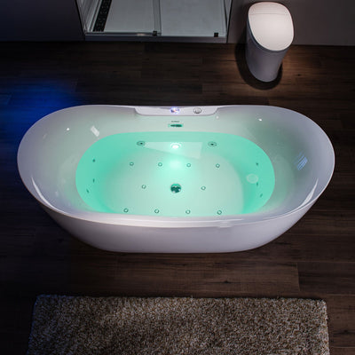 WoodBridge BJ400+F0041CH 72" White Whirlpool and Air Bath Heated Soaking Combination Tub With Adjustable Speed Air Blower, Tub Filler and LED Control Panel