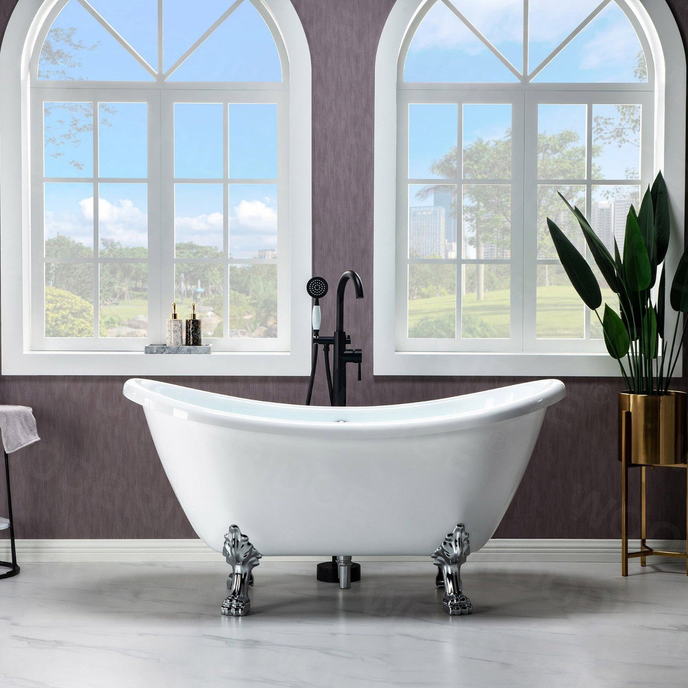 WoodBridge BTA1540 59" White Heavy Duty Acrylic Double Slipper Clawfoot Bathtub With Chrome Feet, Drain and Overflow