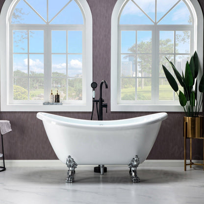 WoodBridge BTA1540 59" White Heavy Duty Acrylic Double Slipper Clawfoot Bathtub With Chrome Feet, Drain and Overflow