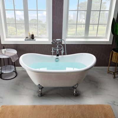 WoodBridge BTA1540 59" White Heavy Duty Acrylic Double Slipper Clawfoot Bathtub With Chrome Feet, Drain and Overflow