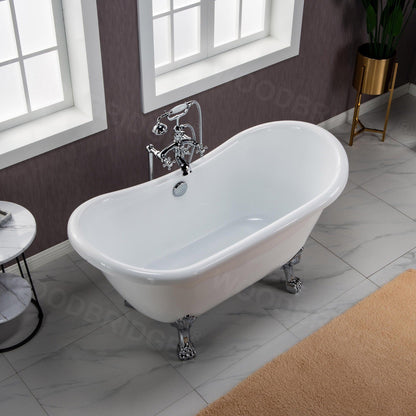 WoodBridge BTA1540 59" White Heavy Duty Acrylic Double Slipper Clawfoot Bathtub With Chrome Feet, Drain and Overflow