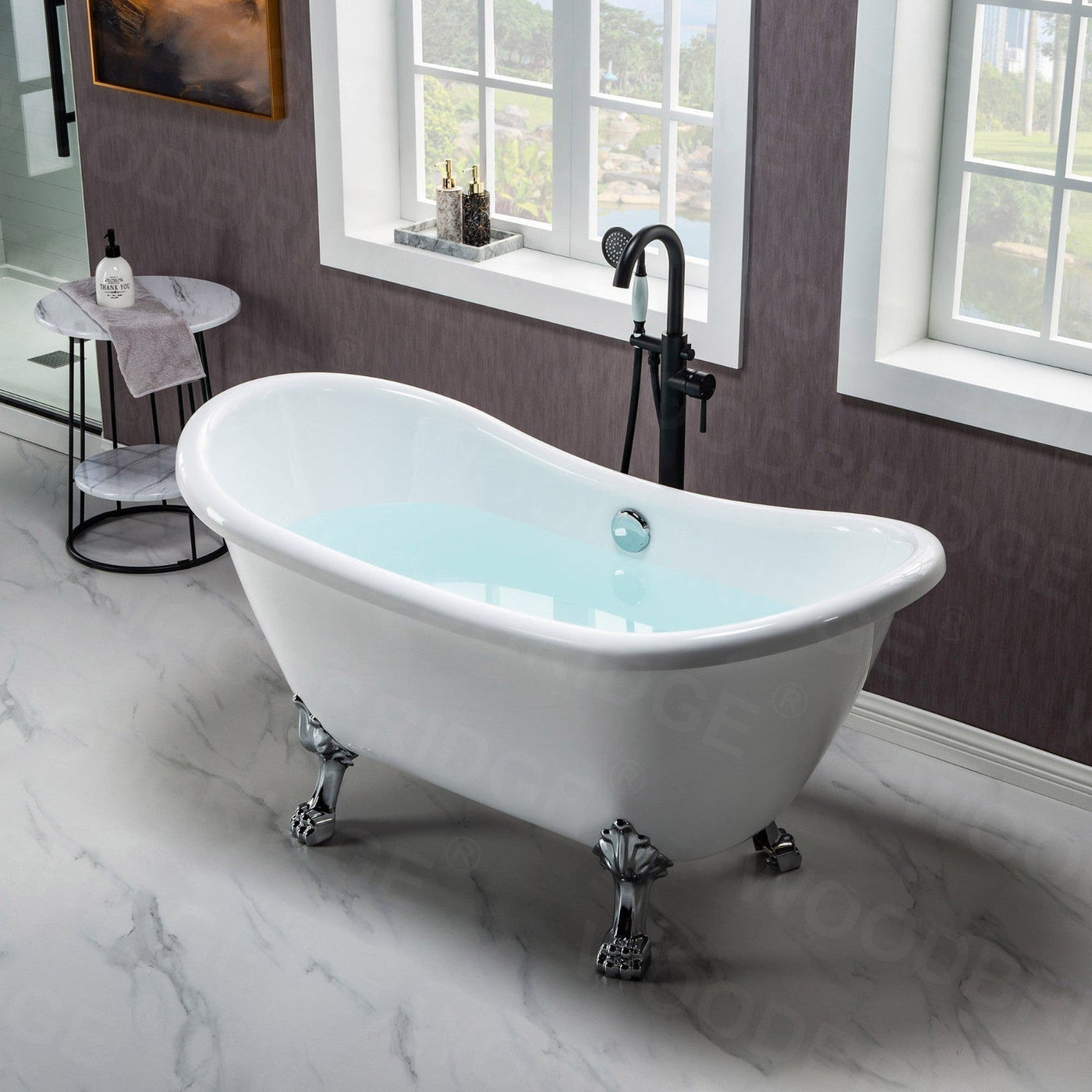 WoodBridge BTA1540 59" White Heavy Duty Acrylic Double Slipper Clawfoot Bathtub With Chrome Feet, Drain and Overflow