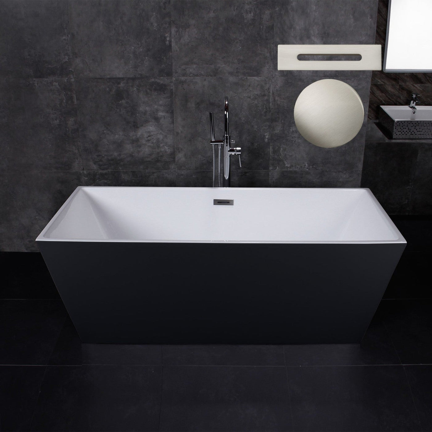 WoodBridge BTA1812 67" Black Acrylic Freestanding Soaking Bathtub With Brushed Nickel Drain and Overflow