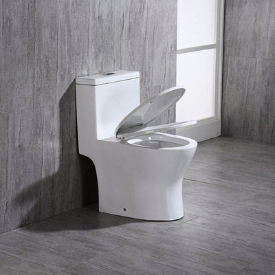 WoodBridge T0031-CH White Short Compact Tiny One Piece Toilet With Soft Closing Seat and Chrome Finish Button