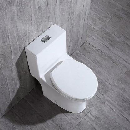 WoodBridge T0031-CH White Short Compact Tiny One Piece Toilet With Soft Closing Seat and Chrome Finish Button