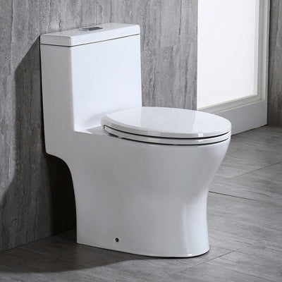 WoodBridge T0031-CH White Short Compact Tiny One Piece Toilet With Soft Closing Seat and Chrome Finish Button