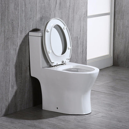 WoodBridge T0031-CH White Short Compact Tiny One Piece Toilet With Soft Closing Seat and Chrome Finish Button