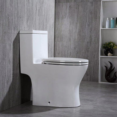 WoodBridge T0031-CH White Short Compact Tiny One Piece Toilet With Soft Closing Seat and Chrome Finish Button