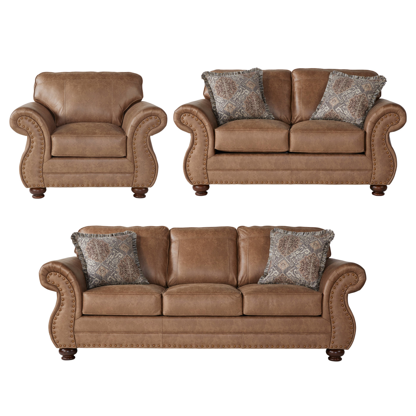 Leinster Faux Leather 3-Piece Sofa Set with Antique Bronze Nailheads