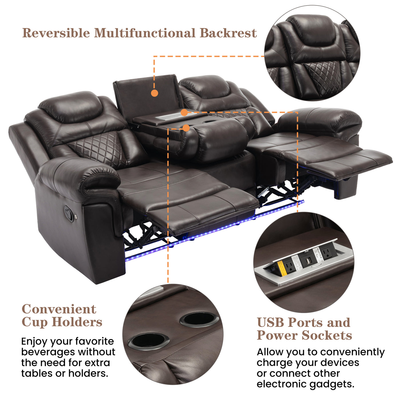 3 Pieces Recliner Sofa Sets Home Theater Seating Manual Recliner Chair with Center Console and LED Light Strip for Living Room, Brown