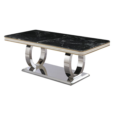 Luxury Modern Dining Table 78.7inch Black Dining Table with 8 chairs  Faux Marble Dining Table Top with Titanium-Plated Dual Circle Base with 8pcs Chairs  .