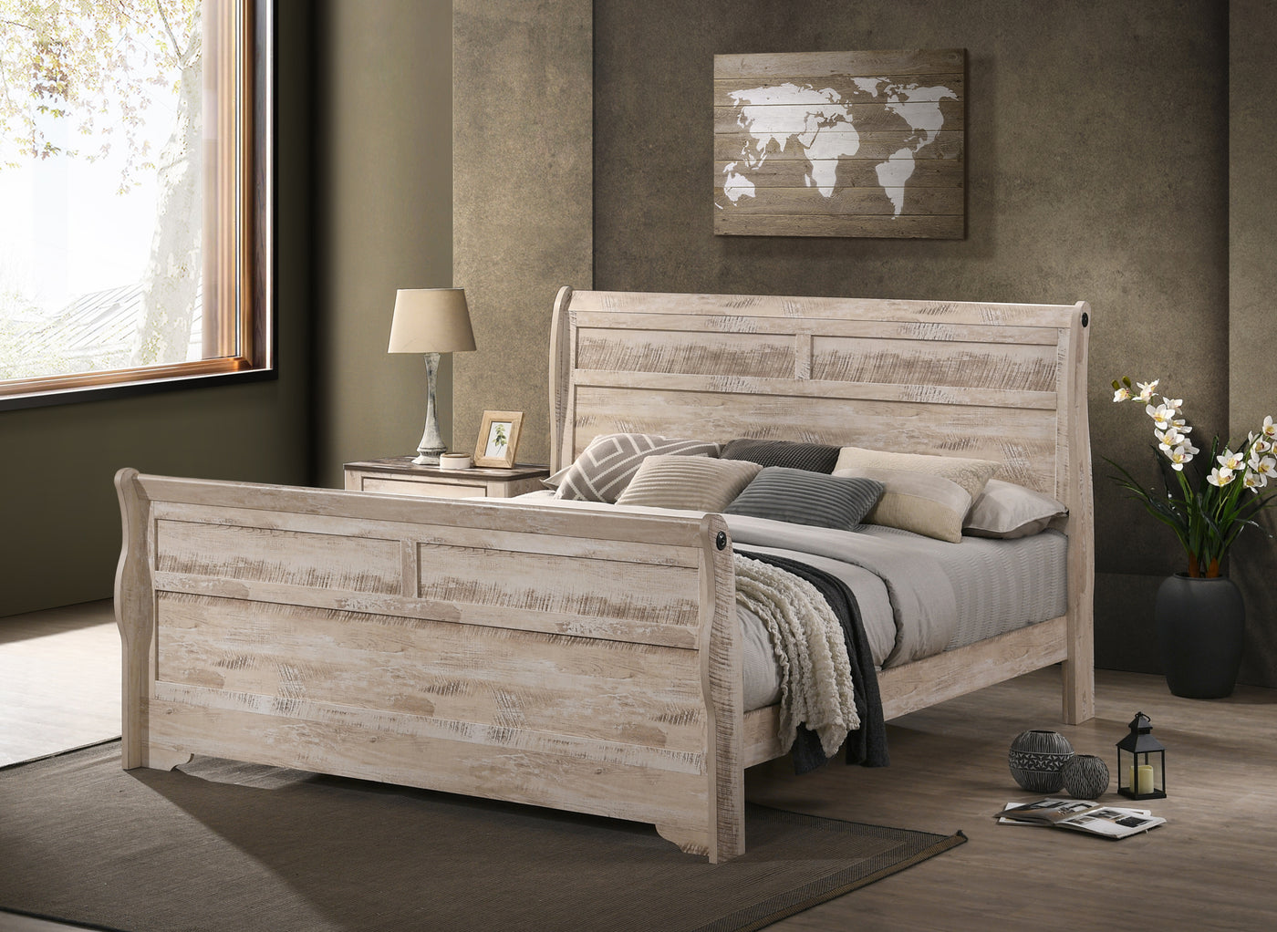 Imerland Contemporary White Wash Finish Bedroom Set with Queen Sleigh Bed, Dresser, Mirror, Two Nightstands, Chest