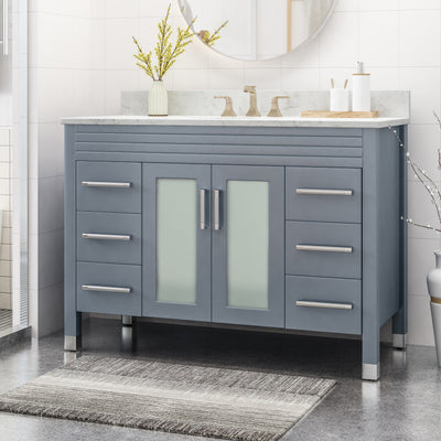 49'' Bathroom Vanity with Marble Top & Ceramic Sink, 2 Doors with Glass, 6 Drawers, Gray