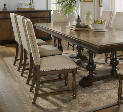 Traditional 9pc Dining Set Table with Extension Leaf 2 Armchairs 6 Side Chairs Beige Fabric Upholstered Nailhead Trim Brown Classic Dining Room Furniture