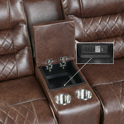 Luxurious Living Room Furniture 2pc Reclining Sofa Set Brown Breathable Faux Leather Upholstery Center Drop-Down Cup Holders, Power Outlets, USB Ports, Diamond Pattern Stitching