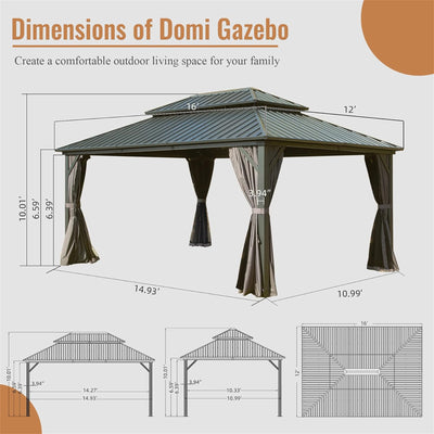 12' X 16' Hardtop Gazebo, Aluminum Metal Gazebo with Galvanized Steel Double Roof Canopy, Curtain and Netting, Permanent Gazebo Pavilion for Patio, Backyard, Deck, Lawn